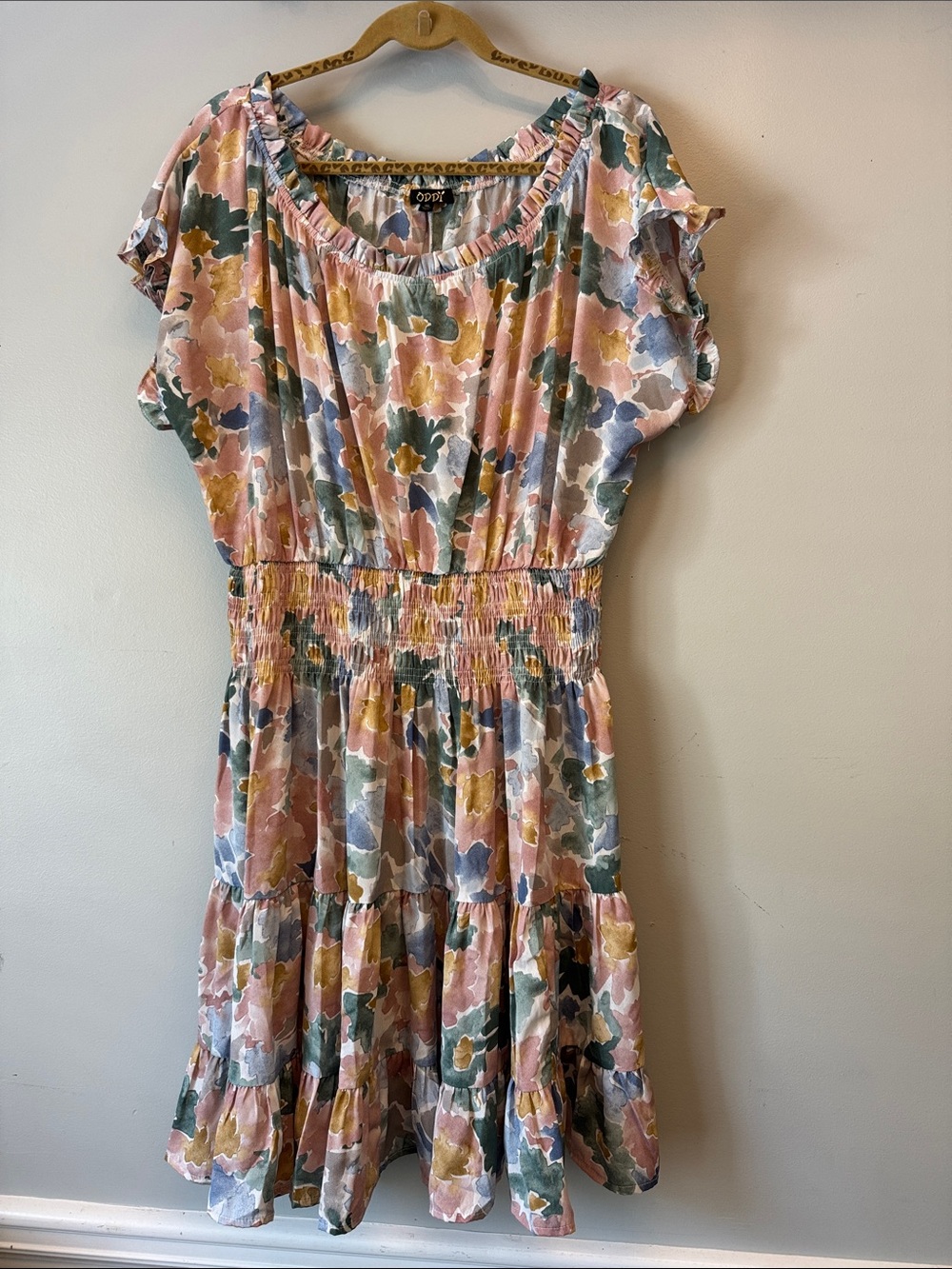 ODDY Floral Midi Dress in Pink, Green & Gold Tones